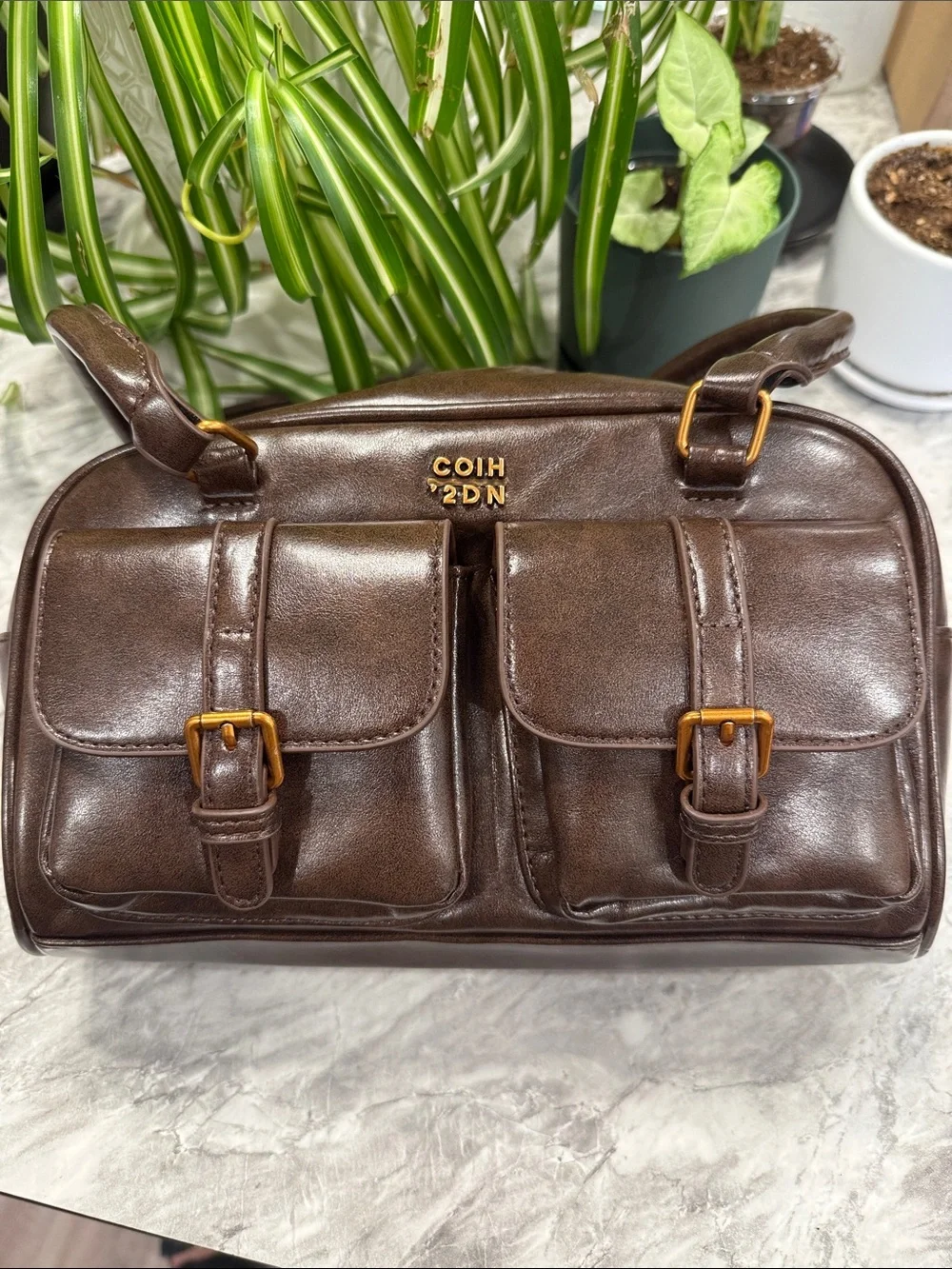Brown Leather Double-Pocket Shoulder Bag